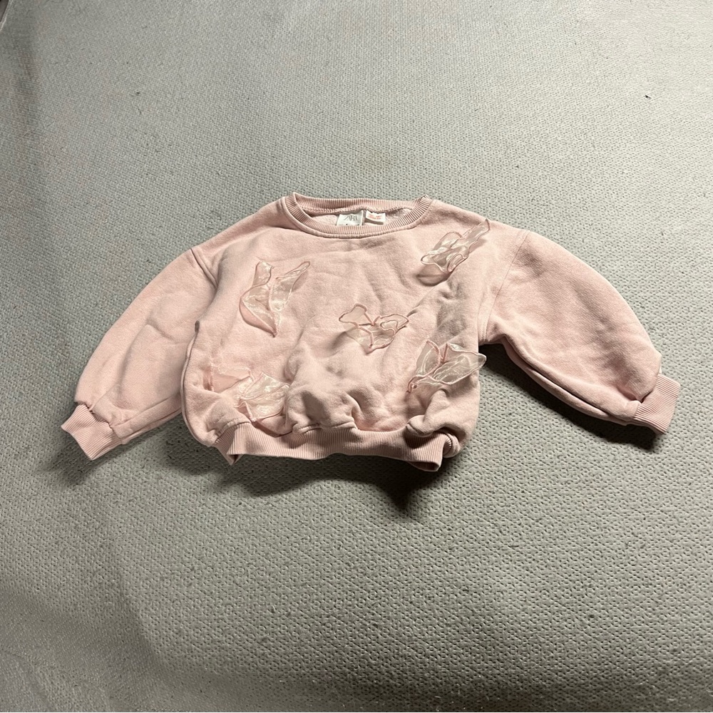 Zara Girl Pink Organza Appliqué Butterfly Crewneck Cotton Sweatshirt Size 5 EUC